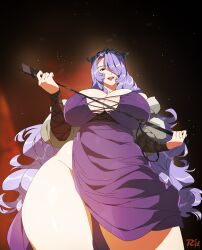  alternate_costume black_background black_tiara breasts camilla_(fire_emblem) cleavage commentary commission curvy dress female fire_emblem fire_emblem_fates from_below hair_over_one_eye highres holding holding_whip huge_breasts long_hair looking_at_viewer looking_down no_panties one_eye_covered open_mouth purple_dress purple_eyes purple_hair r3dfive riding_crop skindentation smile solo thick_thighs thighs tiara very_long_hair wavy_hair whip wide_hips 