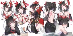  absurdres anger_vein back backless_dress backless_outfit bare_shoulders bell black_choker black_dress black_gloves black_hair black_sailor_collar black_shirt blunt_bangs blush book breasts choker circle_facial_mark commentary_request criss-cross_halter double_bun dress facial_mark finger_to_mouth fingernails flower_tattoo fox_mask from_behind from_side glasses gloves hair_bun halterneck highres honkai:_star_rail honkai_(series) long_hair looking_at_viewer mask mask_on_head multiple_girls nail_polish neck_bell neckerchief ojou-sama_pose one_eye_closed open_mouth pink_eyes red_dress red_nails red_neckerchief red_sleeves round_eyewear sailor_collar school_uniform shirt shushing smile sparkle_(honkai:_star_rail) sparkle_(school_uniform)_(honkai:_star_rail) tattoo towel towel_around_breasts twintails upper_body voi_271 white_background 