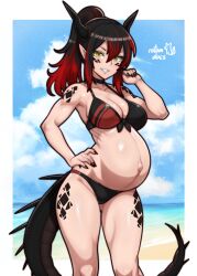  abs absurdres bikini black_bikini black_hair black_nails black_scales breasts cleavage contrapposto dragon_girl dragon_horns dragon_tail female fingernails front-tie_bikini_top front-tie_top grin hand_on_own_hip highres horns long_fingernails looking_at_viewer medium_breasts multicolored_bikini multicolored_hair navel orange_eyes original outie_navel ponytail pregnant red_hair rotomdocs smile solo spiked_tail streaked_hair swimsuit tail toned toned_female two-tone_bikini two-tone_hair 