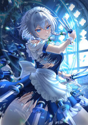  apron between_fingers blue_eyes bow bra braid closed_mouth commentary_request crossed_bangs double-parted_bangs female floating_hair garter_straps glass_shards green_bow hair_between_eyes hair_intakes holding holding_knife indoors izayoi_sakuya knife knives_between_fingers lace-trimmed_bra lace-trimmed_thighhighs lace_trim looking_at_viewer maid maid_apron maid_headdress puffy_short_sleeves puffy_sleeves short_hair short_sleeves solo thighhighs throwing_knife torn_clothes touhou twin_braids uemura_shun underwear upper_body waist_apron weapon white_hair white_thighhighs window 