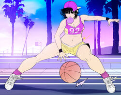  1girls ball bare_midriff basketball black_hair brown_eyes bubble_gum cleavage clothing female footwear gym_shorts gym_uniform headwear human jubilation_lee jubilee large_breasts looking_at_viewer marvel marvel_comics pale_skin public shoes short_hair sports_bra sportswear triplexmile wristwear x-men 