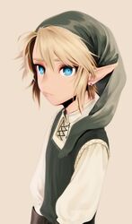  1boy beige_background blonde_hair blue_eyes commentary_request green_hat green_shirt hair_between_eyes hat jewelry link looking_at_viewer male_focus meimone pointy_ears shirt short_hair simple_background solo the_legend_of_zelda upper_body white_shirt 