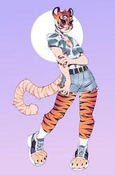  absurd_res ambiguous_gender anthro biped black_sclera bottomwear clothing digital_media_(artwork) felid footwear fur furgonomics hi_res looking_at_viewer mammal open_mouth pantherine shirt shoes shorts simple_background sneakers socks solo standing takiminada tiger topwear 