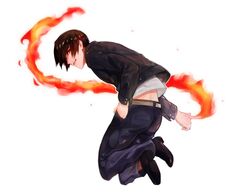  1boy bad_id bad_link bad_twitter_id brown_eyes brown_hair denim fire from_behind hand_in_pocket jacket jeans jumping juu_satoshi kusanagi_kyou leather leather_jacket looking_at_viewer looking_back male_focus pants parted_hair pointing pyrokinesis solo the_king_of_fighters 