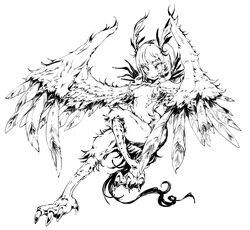  absurdres bird_legs breasts breasts_apart commentary_request completely_nude dated_commentary feathered_wings feathers female frfr full_body greyscale harpy highres monochrome monster_girl nude original simple_background smile solo talons white_background winged_arms wings 