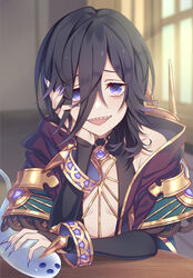  bags_under_eyes bare_shoulders black_dress black_hair bracelet breasts bridal_gauntlets crown dress eyebrows_hidden_by_hair female fingernails ghost granblue_fantasy hair_between_eyes hair_over_one_eye head_on_hand head_rest hood jewelry jiman lich_(granblue_fantasy) looking_at_viewer medium_hair open_mouth pendant purple_eyes purple_nails sharp_fingernails sharp_teeth sitting small_breasts solo table teeth 