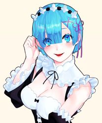  adjusting_hair bad_id bad_twitter_id blue_eyes blue_hair blunt_bangs breasts cleavage detached_sleeves female flower hair_flower hair_ornament hair_over_one_eye hairband highres juu_satoshi looking_at_viewer maid maid_headdress re:zero_kara_hajimeru_isekai_seikatsu rem_(re:zero) ribbon-trimmed_clothes ribbon_trim roswaal_mansion_maid_uniform short_hair solo x_hair_ornament 