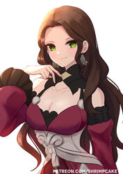  bare_shoulders breasts brown_hair cleavage commentary detached_sleeves dorothea_arnault dress earrings female fire_emblem fire_emblem:_three_houses forehead green_eyes highres jewelry long_hair long_sleeves looking_at_viewer medium_breasts purple_dress simple_background smile solo supershrimpcakes upper_body very_long_hair white_background wide_sleeves 