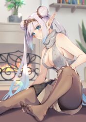  bare_shoulders blue_eyes blush breasts britomart_(fate) brown_pantyhose brown_shorts buttons cleavage contemporary double-breasted double_bun fate/grand_order fate_(series) feet female fireplace grey_hair hair_bun hairband halterneck high-waist_shorts highres indoors large_breasts legs long_hair looking_at_viewer nakaga_eri no_shoes pantyhose pointy_ears shorts sideboob sitting solo sweater toes turtleneck turtleneck_sweater twintails very_long_hair 