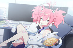  ahoge bag_of_chips barefoot blue_archive blue_necktie breasts chips_(food) collared_dress dress feet female finger_in_own_mouth food green_eyes halo highres horns jacket knees_up legs medium_hair momoka_(blue_archive) monitor multicolored_clothes multicolored_jacket necktie nemoga pink_hair pointy_ears potato_chips reclining sitting sleeveless sleeveless_dress small_breasts soles toes twintails unworn_socks 