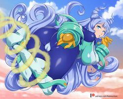  ass bayeuxman blue_bodysuit blue_eyes blue_hair bodysuit boku_no_hero_academia breasts cameltoe cloud drill_hair female flying gloves hadou_nejire hair_horns large_breasts light_blue_hair long_hair looking_at_viewer multicolored_bodysuit multicolored_clothes sky solo superhero_costume twin_drills very_long_hair watermark web_address yellow_gloves 