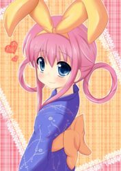  blue_eyes blue_kimono blush bow female hair_rings hairbow heart japanese_clothes kimono looking_at_viewer obi pink_hair sash sherlock_shellingford sidelocks smile solo tamago_kago tantei_opera_milky_holmes yellow_bow 