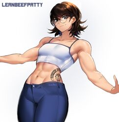  1girls abs belly belly_button bladechan28 breasts female female_only fit fit_female fully_clothed glasses jeans know_your_place leanbeefpatty medium_breasts mildly_muscular_woman muscular muscular_arms muscular_female pose posed posing short_hair shoulders solo tattoo tattoos thighs toned toned_female tummy 