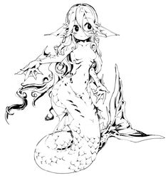  absurdres blush breasts closed_mouth female fins frfr full_body gills greyscale hair_between_eyes head_fins highres long_hair looking_to_the_side mermaid monochrome monster_girl no_nipples original scales simple_background small_breasts smile solo webbed_hands white_background 