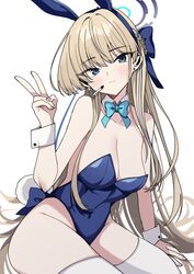  animal_ears bare_shoulders blonde_hair blue_archive blue_eyes blue_halo blue_leotard bow bowtie braid breasts brown_hair cleavage closed_mouth detached_collar earrings fake_animal_ears fake_tail female groin hairband halo hand_up headset highres jewelry leotard long_hair looking_at_viewer medium_breasts microphone official_alternate_costume oomori_(kswmr) playboy_bunny rabbit_ears rabbit_tail sitting solo strapless strapless_leotard stud_earrings tail thighhighs toki_(blue_archive) toki_(bunny)_(blue_archive) v very_long_hair white_background white_thighhighs wrist_cuffs 