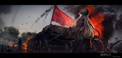  1943 6+girls aircraft airplane army artist_name backpack bag battle_of_the_dnieper battlefield black_hair bolt_action coat commentary communist_flag fire flag from_side graphite_(medium) grey_hair gun haguruma_c hair_between_eyes hammer_and_sickle helmet highres holding holding_gun holding_weapon letterboxed long_hair long_sleeves looking_away military military_uniform military_vehicle mosin-nagant motor_vehicle multiple_girls original parted_lips red_eyes red_flag rifle russian_commentary russian_text scope sky sniper_rifle soldier solo_focus soviet soviet_army soviet_flag standing star_(symbol) t-34 tank traditional_media translated uniform vehicle_focus war weapon weapon_on_back 