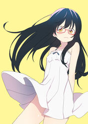  absurdres black_hair blush bural_chingu commentary dress female glasses highres ju_hyeon-mi korean_commentary long_hair looking_at_viewer luke_(dydansgur) red-framed_eyewear semi-rimless_eyewear simple_background solo sundress under-rim_eyewear white_dress yellow_background yellow_eyes 