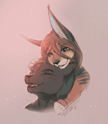  anthro brown_hair bufl_(dafka) caracal caracal_(genus) dafka digital_media_(artwork) domestic_cat duo felid feline felis female green_eyes hair head_hug hug hugging_head male mammal open_mouth teeth tongue 