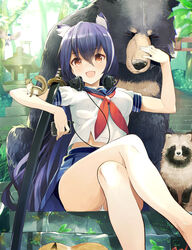  :d animal animal_ear_fluff animal_ears anniversary ashigara_(azur_lane) ass azur_lane bare_legs bear bird blouse blue_hair blue_jay blue_sailor_collar blue_skirt breasts brown_eyes commentary_request crossed_legs day extra_ears female forest fox hair_between_eyes hand_up headphones headphones_around_neck highres holding holding_phone katana large_breasts leaf long_hair looking_at_viewer midriff miniskirt nature neckerchief oerba_yun_fang open_mouth panties phone pleated_skirt sailor_collar school_uniform serafuku shadow sheath sheathed shirt short_sleeves sitting skirt smile solo squirrel stairs sunlight sword tetsujin_momoko thighs tree underwear very_long_hair weapon white_panties white_shirt wolf 