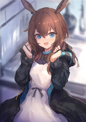  :d absurdres amiya_(arknights) animal_ears arknights ascot black_jacket black_ribbon blue_ascot blue_collar blue_eyes blurry blurry_background brown_hair collar commentary_request cowboy_shot dress ear_piercing female hair_between_eyes hands_up highres hood hood_down hooded_jacket jacket jewelry long_sleeves looking_at_viewer material_growth multiple_rings open_mouth oripathy_lesion_(arknights) partial_commentary piercing rabbit_ears ribbon ring smile solo trrcmb white_dress 