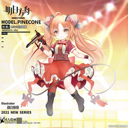  absurdres aged_down ahoge arknights artist_name black_footwear boots bow bowtie character_name chinese_commentary chinese_text commentary copyright_name cropped_jacket english_text feather_hair female full_body gun hairbow highres holding holding_gun holding_weapon jacket kuroshiroemaki long_hair looking_at_viewer mixed-language_text nail_gun necktie official_alternate_costume open_clothes open_jacket orange_background orange_eyes orange_hair pinecone_(arknights) pinecone_(sing_a_song)_(arknights) red_bow red_bowtie red_jacket red_skirt shirt skirt smile solo thick_eyebrows twintails very_long_hair watermark weapon white_shirt 