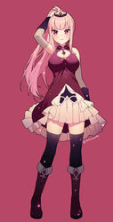  artist_name bangs beige_skirt black_gloves boots breasts cosplay dress embarrassed eyebrows_behind_hair female gloves highres holding holding_hair hololive hololive_english large_breasts long_hair mahou_shoujo_madoka_magica mori_calliope pink_hair ponytail red_background red_dress red_eyes red_footwear rosuuri sakura_kyouko sakura_kyouko_(cosplay) solo thighhighs tiara tied_hair virtual_youtuber 