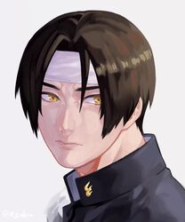  1boy bad_id bad_twitter_id black_hair brown_eyes brown_hair curtained_hair gakuran hachimaki headband highres juu_satoshi kusanagi_kyou looking_at_viewer looking_to_the_side male_focus parted_hair school_uniform solo the_king_of_fighters yellow_eyes 