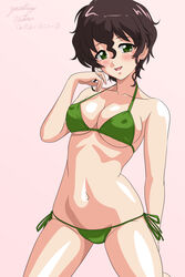  akiyama_yoshiko arm_behind_back artist_name bikini blush breasts brown_hair commentary covered_nipples cowboy_shot dated earrings female girls_und_panzer green_bikini green_eyes hand_in_own_hair head_tilt jewelry kneeling large_breasts leaning_to_the_side matsui_yasutsugu mature_female messy_hair navel one-hour_drawing_challenge open_mouth pink_background short_hair side-tie_bikini_bottom signature simple_background smile solo stud_earrings swimsuit 