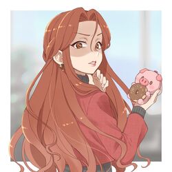  annoyed bag_charm black_sweater blurry blurry_background border brown_eyes brown_hair charm_(object) chocolate_doughnut depth_of_field doughnut earrings female floating_hair food forehead hair_intakes half_updo highres hoop_earrings idolmaster idolmaster_cinderella_girls jacket jewelry lipstick long_hair looking_at_viewer looking_back makeup open_mouth outdoors outside_border parted_lips red_jacket red_lips ribbed_sweater rn10r shaded_face solo sparkle stuffed_animal stuffed_pig stuffed_toy sweater turtleneck turtleneck_sweater uneven_eyes upper_body v-shaped_eyebrows white_border zaizen_tokiko 