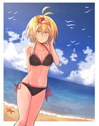  absurdres ahoge antenna_hair arm_behind_back beach bikini bird blonde_hair blue_sky border breasts cloud day dutch_angle female flower hair_between_eyes hair_flower hair_ornament hairband halterneck hand_in_own_hair highres looking_at_viewer medium_breasts navel ocean original outdoors outside_border pink_hairband sand shore short_hair side-tie_bikini_bottom sky solo starfish swimsuit untold water white_border 