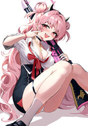  absurdres assault_rifle bead_bracelet beads black_choker black_skirt blue_archive blush bracelet breasts choker commentary double_bun earrings female gun h&amp;k_hk33 hair_bun highres holding holding_gun holding_weapon jewelry kirara_(blue_archive) knees_up large_breasts long_hair looking_at_viewer nail_polish necklace open_mouth panties pink_hair red_eyes red_nails rifle ring shirt shirt_tucked_in simple_background sitting skirt socks solo stone_(ksorede) teeth thigh_strap underwear upper_teeth_only very_long_fingernails very_long_hair w weapon white_background white_panties white_shirt white_socks 