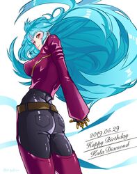  ass bad_id bad_twitter_id belt big_hair blue_hair chaps character_name female from_behind gloves happy_birthday juu_satoshi kula_diamond long_hair looking_back red_eyes sidelocks solo the_king_of_fighters 