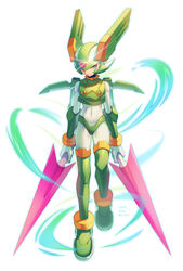  1boy android armor artist_name blurry closed_mouth commentary crop_top dated depth_of_field dual_wielding full_body glint green_eyes green_headwear helmet highres holding holding_sword holding_weapon looking_at_viewer male_focus mega_man_(series) mega_man_zero_(series) robot sage_harpuia_(mega_man) serious simple_background solo standing sword twitter_username weapon white_background zero-go 