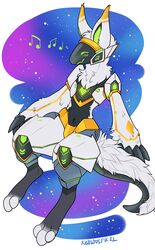  2021 3_toes abstract_background anthro armor black_body black_fur chest_tuft dated feet fur glowing glowing_markings hi_res kellwolfik kyanion machine male markings midriff musical_note protogen screen screen_face signature simple_background solo tail toes tuft white_body white_fur 