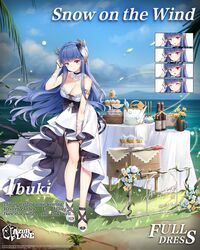  alternate_costume armlet azur_lane bangs blue_eyes blue_hair blush breasts cake character_name choker copyright_name dress english_commentary english_text expressions eyebrows_visible_through_hair feathers female floating_hair food full_body gold hair_feathers hair_tucking heterochromia high_heels highres horns ibuki_(azur_lane) ibuki_(snow_on_the_wind)_(azur_lane) lace lace_choker large_breasts leaning_forward long_hair looking_at_viewer maya_g official_art red_eyes sapphire_(gemstone) sideboob sidelocks solo strapless strapless_dress table watermark white_dress wind wrist_wrap 