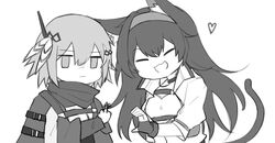  2girls :3 :d animal_ear_fluff animal_ears arknights blaze_(arknights) cape cat_ears cat_girl cat_tail censored censored_gesture chibi choker closed_eyes commentary feather_hair fingerless_gloves gloves greyscale greythroat_(arknights) hair_ornament hairband heart heart_hands heart_hands_duo heart_hands_failure highres jitome long_hair looking_at_viewer middle_finger monochrome multiple_girls open_mouth reiya_(yukeewoof) scarf simple_background smile tail unamused upper_body vietnamese_commentary 