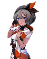  bea_(pokemon) black_bodysuit black_hairband blue_eyes bodysuit bodysuit_under_clothes breasts collared_shirt commentary dark-skinned_female dark_skin dynamax_band eyelashes female gloves grey_hair hair_between_eyes hairband hands_up highres looking_at_viewer partially_fingerless_gloves photoshop_(medium) pokemon pokemon_swsh print_shirt print_shorts shirt short_sleeves shorts single_glove solo sweat tamagokake_candy tied_shirt towel towel_around_neck white_background 