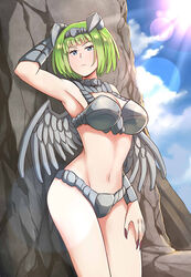  arm_up armpits blue_eyes blue_sky blurry bokeh breasts cloud depth_of_field female frown granity_(monster_farm) green_hair groin horns large_breasts long_tail monster_farm navel short_hair sky solo tail thighs untold wings 