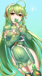  ahoge blue_background breasts brown_eyes bug butterfly covered_navel female fingerless_gloves flower_knight_girl garter_straps gloves green_hair green_nails green_thighhighs long_hair long_sleeves looking_at_viewer mint_(flower_knight_girl) monoton_(neoteto) ribbon-trimmed_headband simple_background small_breasts solo thighhighs very_long_hair 