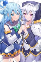  2girls absurdres ai-nohikari aqua_(konosuba) blue_eyes blue_hair blurry blush closed_mouth commentary cowboy_shot depth_of_field detached_sleeves double-parted_bangs eris_(konosuba) eye_contact folded_ponytail frills grey_hair habit hair_between_eyes hair_bobbles hair_ornament hair_rings highres holding_hands interlocked_fingers kono_subarashii_sekai_ni_shukufuku_wo! long_hair looking_at_another multiple_girls nun parted_lips purple_eyes sidelocks simple_background single_hair_ring smile standing thighhighs very_long_hair water_drop white_background white_hair wide_sleeves 