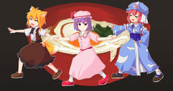  3girls animal_ears ascot asymmetrical_hair black_ascot blonde_hair blue_kimono blush bowl brown_footwear brown_skirt brown_vest buttons closed_eyes closed_mouth collared_shirt commentary cookie_(touhou) dancing egg_yolk food fox_ears fox_girl fox_tail frilled_kimono frills full_body hair_between_eyes hat hat_ribbon higashimaru_shoyu highres hisaka_(cookie) japanese_clothes kamaboko kimono long_skirt long_sleeves looking_at_viewer medium_hair miramikaru_riran mob_cap multiple_girls neck_ribbon necktie noodles open_mouth parody pink_hair pink_headwear pink_shirt pink_skirt purple_eyes purple_hair red_sash remilia_scarlet ribbon saigyouji_yuyuko sash shirt shoes short_hair short_sleeves sidelocks skirt smile socks tail touhou triangular_headpiece udon vest vivian_(cookie) white_legwear white_shirt wide_sleeves yan_pai 