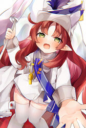  absurdres arknights blue_sash cape drum_major female flag green_eyes hat highres holding holding_flag long_hair looking_at_viewer myrtle_(arknights) myrtle_(light_gold_celebration)_(arknights) official_alternate_costume open_mouth pointy_ears red_hair sash shako_cap skirt smile solo takumi_mizuki thighhighs white_cape white_flag white_hat white_skirt white_thighhighs 