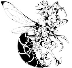  antennae arthropod_girl bee_girl carapace closed_mouth commentary dated_commentary extra_arms female frfr full_body greyscale highres insect_wings light_smile monochrome monster_girl original solo wings 