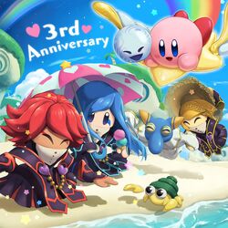  3girls artist_request beach blonde_hair blue_eyes blue_hair blue_sky closed_eyes coner crab flamberge_(kirby) francisca_(kirby) hat heart highres hill hyness kirby kirby:_star_allies kirby_(series) multiple_girls official_art palm_tree rainbow rayman_limbs red_hair sand sky smile star_(symbol) sun_hat tree umbrella void_soul void_termina warp_star zan_partizanne 