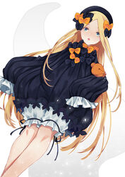  :o abigail_williams_(fate) bad_id bad_pixiv_id black_bow black_dress black_hat blonde_hair bloomers blue_eyes bow bug butterfly commentary_request dress dutch_angle fate/grand_order fate_(series) female forehead hairbow hat highres hugging_object karen_ngao long_hair long_sleeves multiple_hair_bows orange_bow parted_bangs parted_lips polka_dot polka_dot_bow simple_background sleeves_past_fingers sleeves_past_wrists solo stuffed_animal stuffed_toy teddy_bear tentacle underwear very_long_hair white_background white_bloomers 