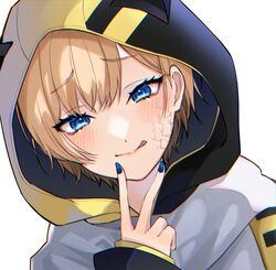  animification apex_legends bad_id bad_twitter_id blonde_hair blue_eyes blue_nails commentary_request cosplay female hair_behind_ear highres hood hood_up lichtenberg_figure nail_polish scar scar_on_cheek scar_on_face scarf smile solo tmt.tem tongue tongue_out tsurime upper_body v void_prowler_wraith wattson_(apex_legends) white_background white_scarf wraith_(apex_legends) wraith_(apex_legends)_(cosplay) 