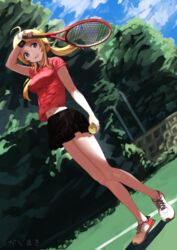  :d ahoge arm_at_side arm_up ball bare_arms bare_legs black_skirt blonde_hair blue_eyes blurry blurry_background breasts commentary_request day dutch_angle female full_body hachimiya_meguru hair_ornament hair_scrunchie highres holding holding_ball holding_racket idolmaster idolmaster_shiny_colors kadomaki_madoka long_hair looking_away looking_to_the_side low_twintails medium_breasts midriff_peek miniskirt navel open_mouth outdoors pleated_skirt racket red_scrunchie red_shirt scrunchie shirt shoes short_sleeves sidelocks signature skirt smile sneakers solo sportswear standing sweat sweatband tennis_ball tennis_racket tennis_uniform tree twintails white_footwear wiping_forehead wristband 