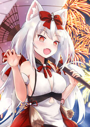  amano_kusatsu animal_ears azur_lane blush bow bowtie breasts dress female firework_background fireworks hairbow highres holding holding_umbrella japanese_clothes long_hair looking_at_viewer medium_breasts official_alternate_costume open_mouth paw_pose red_bow red_bowtie red_eyes solo umbrella white_dress white_hair yukikaze_(azur_lane) yukikaze_(winter&#039;s_snowy_wind)_(azur_lane) 