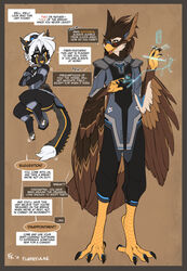  2019 android anthro avian barefoot beak biped black_body black_fur black_nose border brown_body brown_feathers clothed clothing conditional_dnp dialogue digital_media_(artwork) domestic_cat duo english_text feathers feet felid feline felis female fluff-kevlar fur hair hi_res machine male mammal orange_border robot short_stack size_difference speech_bubble talons text toes vale_(fluff-kevlar) warning_(fluff-kevlar) white_body white_fur white_hair yellow_body yellow_eyes yellow_fur 