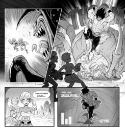  2boys attack broly_(dragon_ball_super) cheelai dragon_ball dragon_ball_super dragon_ball_super_broly emphasis_lines english_commentary english_text female greyscale hat highres holding holding_weapon left-to-right_manga lemo_(dragon_ball) long_hair mcnostril monochrome monster multiple_boys muscular muscular_male scouter short_hair speed_lines topless_male user_interface weapon 